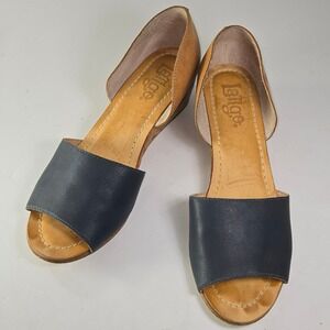 LArtigo‎ Women's Tan Navy Leather Cork Wedge Peep Toe Sandals Size 11M